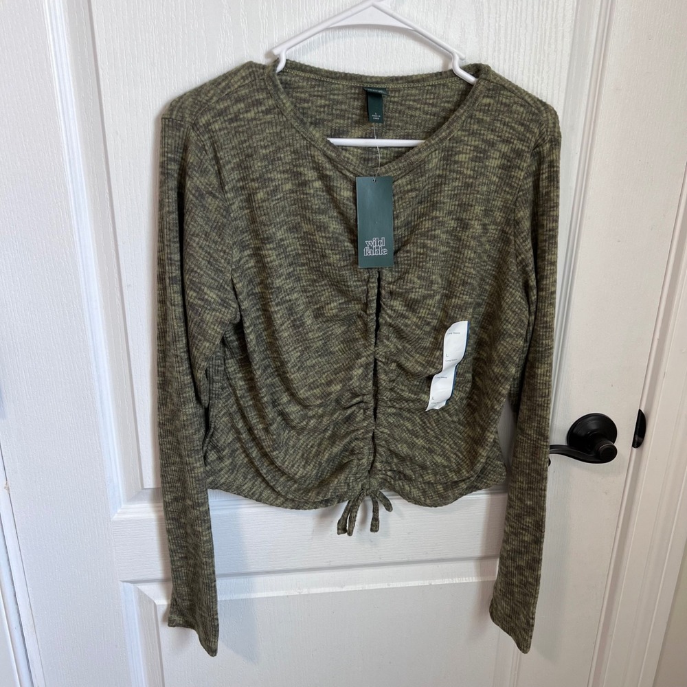 Wild Fable Olive Green Space Dye Ruched Front Drawstring Top Large NWT 331012280